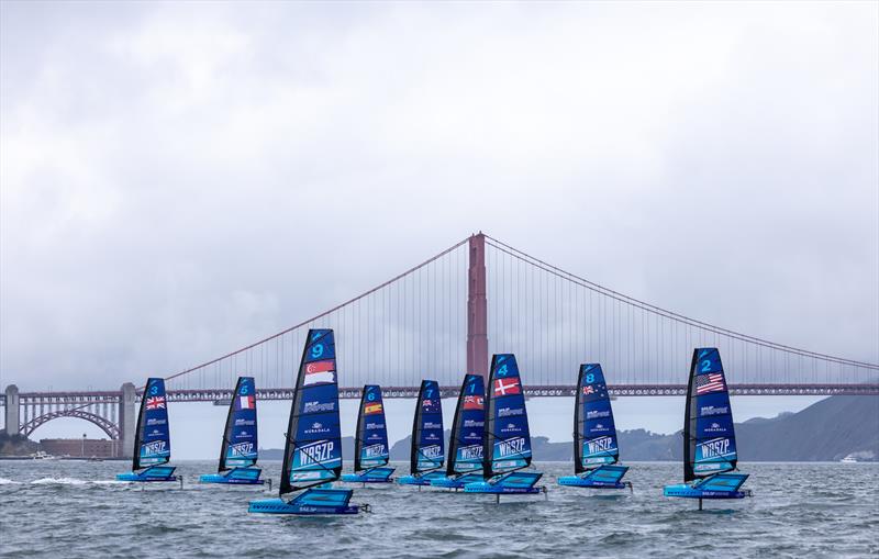Young sailors take part in the Inspire Racing x WASZP program infant of the Golden Gate Bridge on Race Day 1 of the Mubadala SailGP Season 3 Grand Final in San Francisco, USA photo copyright Felix Diemer for SailGP taken at  and featuring the WASZP class