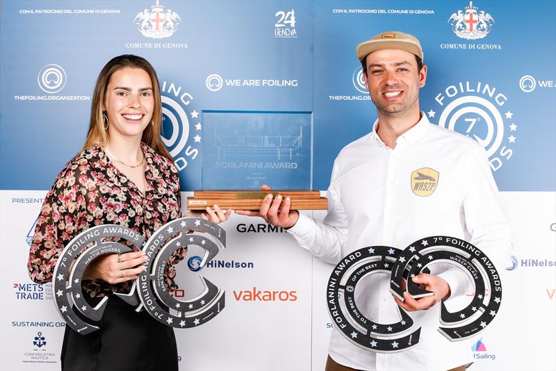 Female Sailor of the year Hattie Rogers (L) & WASZP Class Manager Martin Evans (R) receiving awards at the 7th Foiling Awards  photo copyright Tamborini Alessio taken at  and featuring the WASZP class