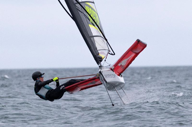Johnny Flynn working hard upwind in unpredictable swell  - Waszp Irish National Championships at Ballyholme photo copyright Simon McIlwaine / www.wavelengthimage.com taken at Ballyholme Yacht Club and featuring the WASZP class