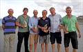 Wayfarer International Championship 2019 podium teams (l-r) Andrew Wilson, Tom Wilson, Simon Townsend, Michael McNamara, Mogens Just and Anders Friis © Merrin Froggett