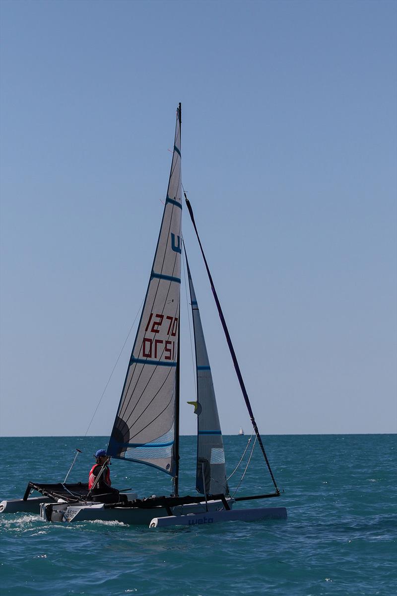 Ryan McVey leads the Weta class - Airlie Beach Race Week photo copyright Shirley Wodson taken at Whitsunday Sailing Club and featuring the Weta class