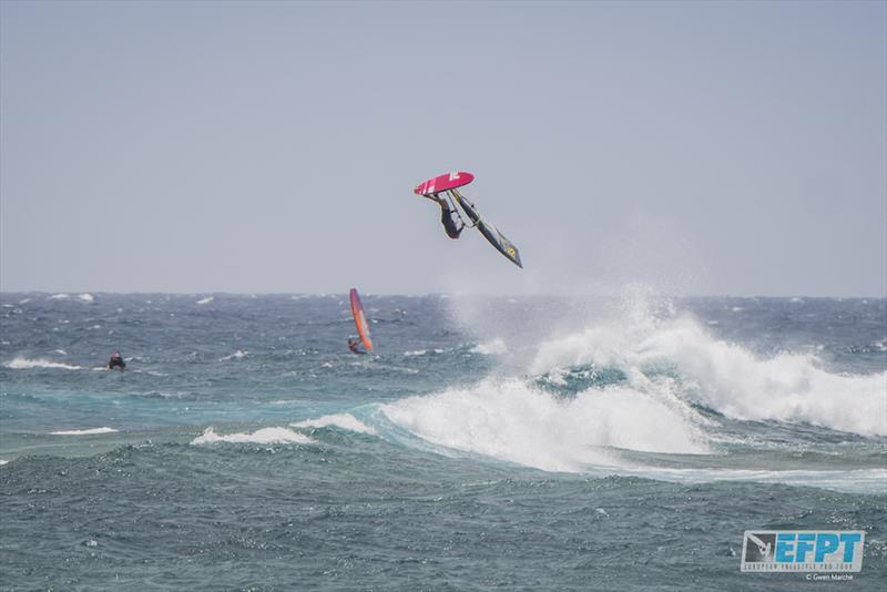 Yentel Caers going big - European Freestyle Pro Tour Lanzarote: Day 1 photo copyright Gwen Marche taken at  and featuring the Windsurfing class