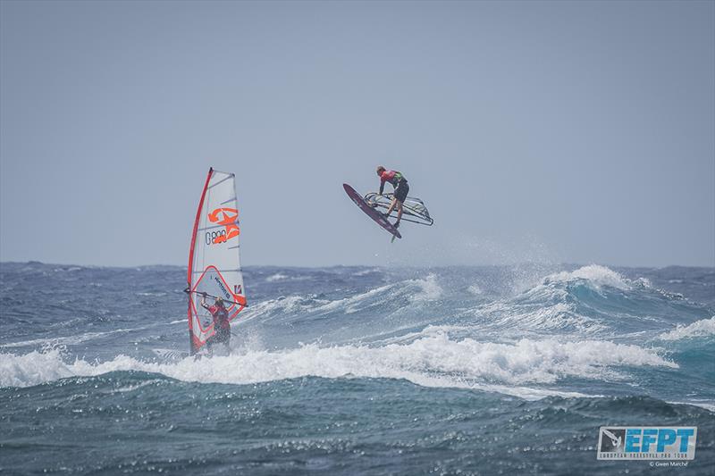 Yentel Caers going big - European Freestyle Pro Tour Lanzarote: Day 3 photo copyright Gwen Marche taken at  and featuring the Windsurfing class