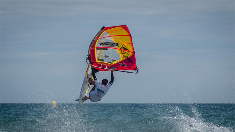Antoine Albert showing his trademark move - EFPT Las Dunas Costa Brava photo copyright Sergi F. Moure taken at  and featuring the Windsurfing class