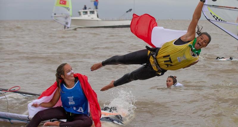 Giorgia Speciale starts the celebrations - 2018 Youth Olympic Games photo copyright Matias Capizzano / World Sailing taken at  and featuring the Windsurfing class