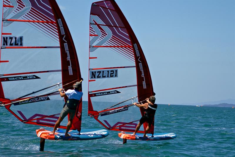 Aaron McIntosh (121) and Antonio Cozzolino on Windfoils off Takaopuna Beach, New Zealand photo copyright Richard Gladwell taken at Takapuna Boating Club and featuring the Windsurfing class