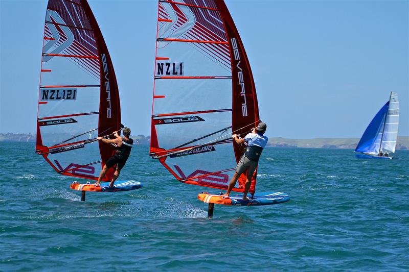 Aaron McIntosh (121) and Antonio Cozzolino on Windfoils at the 2019 Tornado Worlds photo copyright Richard Gladwell taken at Takapuna Boating Club and featuring the Windsurfing class