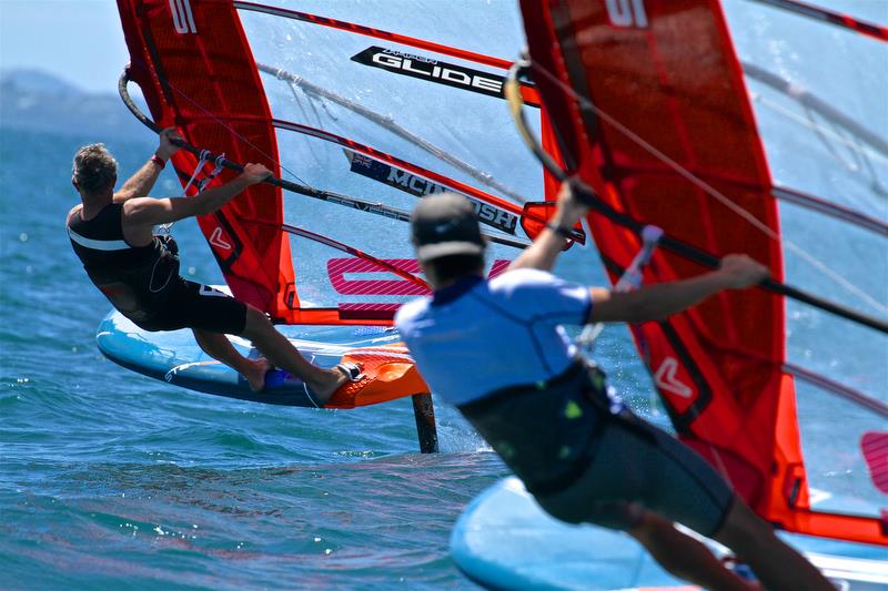 Aaron McIntosh (121) and Antonio Cozzolino on Windfoils at the 2019 Tornado Worlds photo copyright Richard Gladwell taken at Takapuna Boating Club and featuring the Windsurfing class