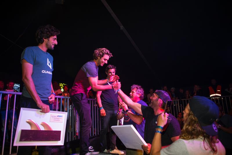 Race Director Tom Hartmann awarding the top three - Surf Worldcup 2019 - photo © Martin Reiter / www.reiter-foto.com