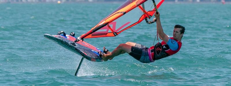 Lloyd Perratt on his way to winning the Australian windfoil championships photo copyright Australian Windfoiling taken at Royal Queensland Yacht Squadron and featuring the Windsurfing class