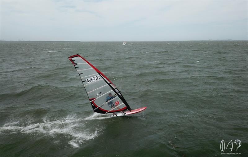 Up and coming slalom racer Scott Luxton charging towards the first mark - Bayside Sailboards Round 6 photo copyright Mitchell Pearson / SurfSailKite taken at  and featuring the Windsurfing class