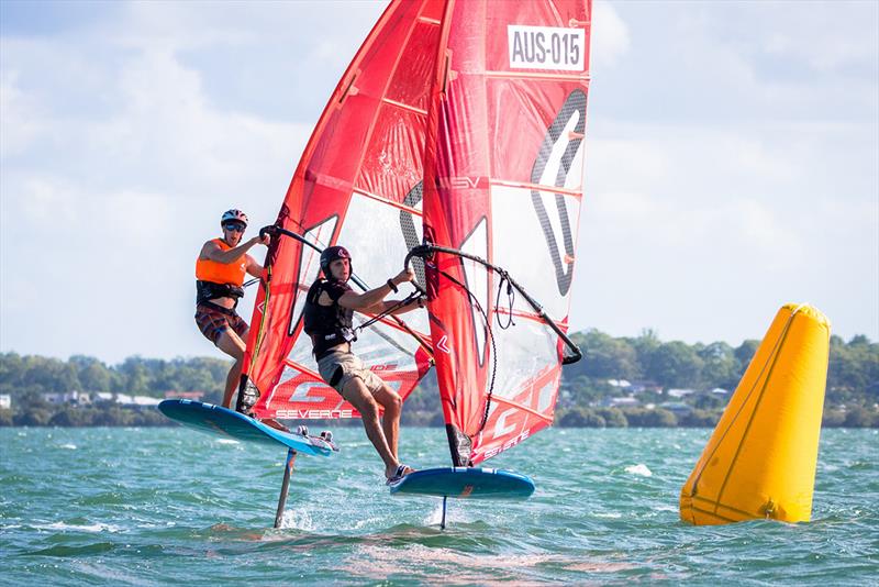 Jacob Whitford leads Jack Marquardt round the top mark in the IQ Foil fleet - Bris Vegas Windfoil Pro photo copyright Sarah Motherwell taken at Royal Queensland Yacht Squadron and featuring the Windsurfing class