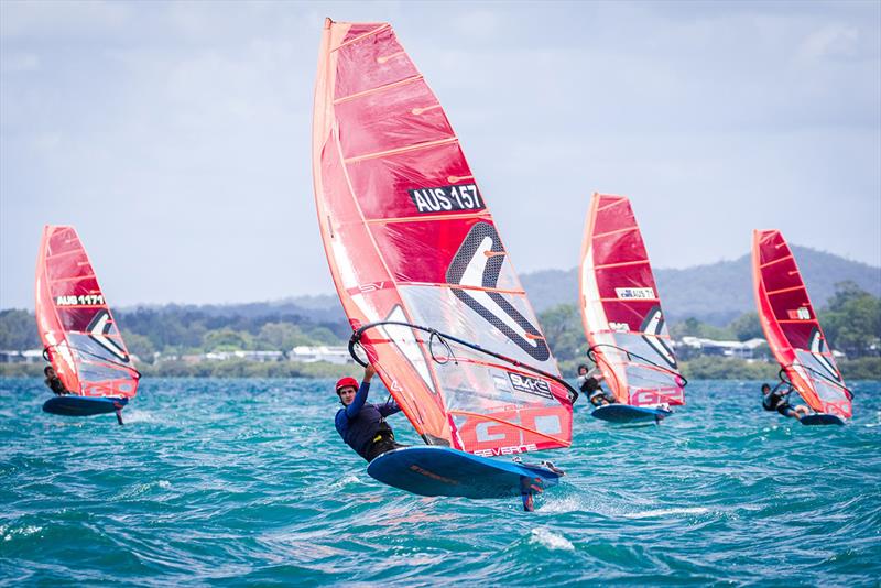 Julien Savina leading the fleet off the line - Bris Vegas Windfoil Pro photo copyright Sarah Motherwell taken at Royal Queensland Yacht Squadron and featuring the Windsurfing class
