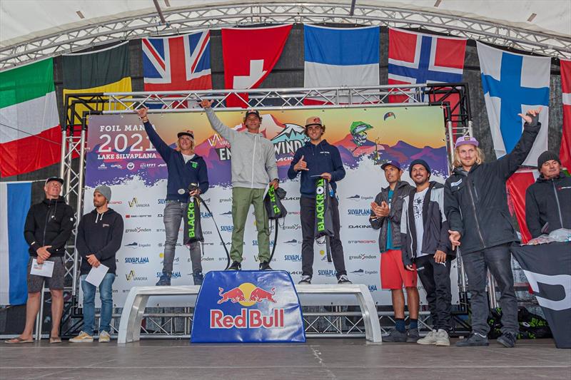 The final podium: In first Lennart Neubauer, second Yentel Caers and in third Sam Esteve - Vanora Engadinwind by Dakine 2021 photo copyright Emanuela Cauli taken at  and featuring the Windsurfing class