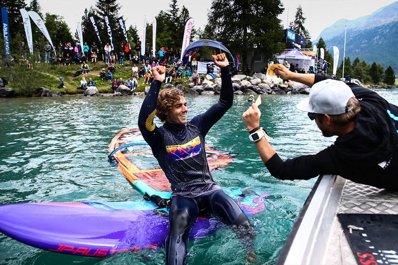 Sam Esteve celebrating his payday - Vanora Engadinwind by Dakine 2021 photo copyright Sailing Energy / Engadinwind 2021 taken at  and featuring the Windsurfing class