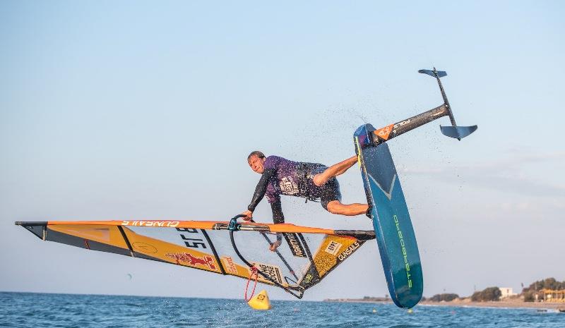 Steven van Broeckhoven showing off his Foilstyle skills - EFPT Theologos 2021, day 1 photo copyright PROtography taken at  and featuring the Windsurfing class