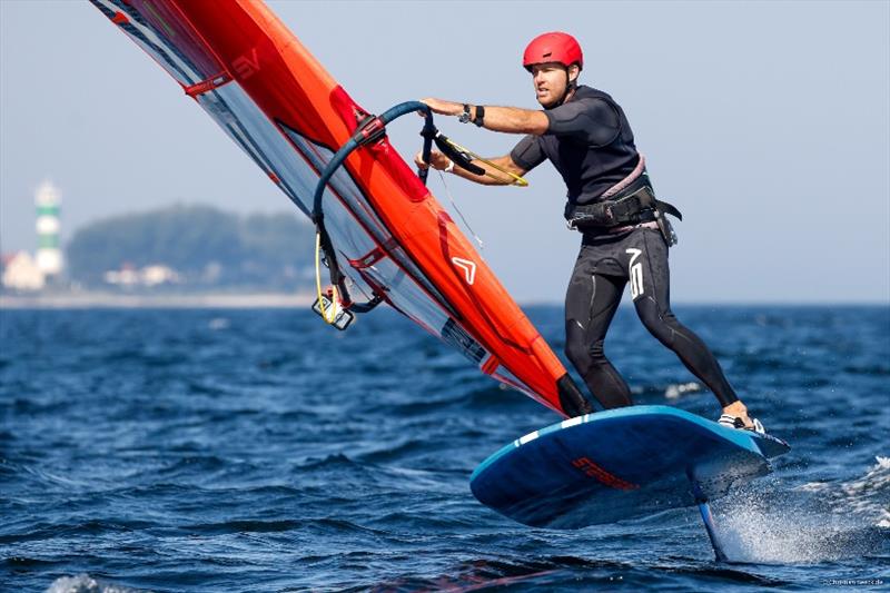 Sebastian Kördel lived up to his role as the top favourite in the iQ Foilers and was only narrowly beaten in one of five races photo copyright ChristianBeeck.de taken at Kieler Yacht Club and featuring the Windsurfing class