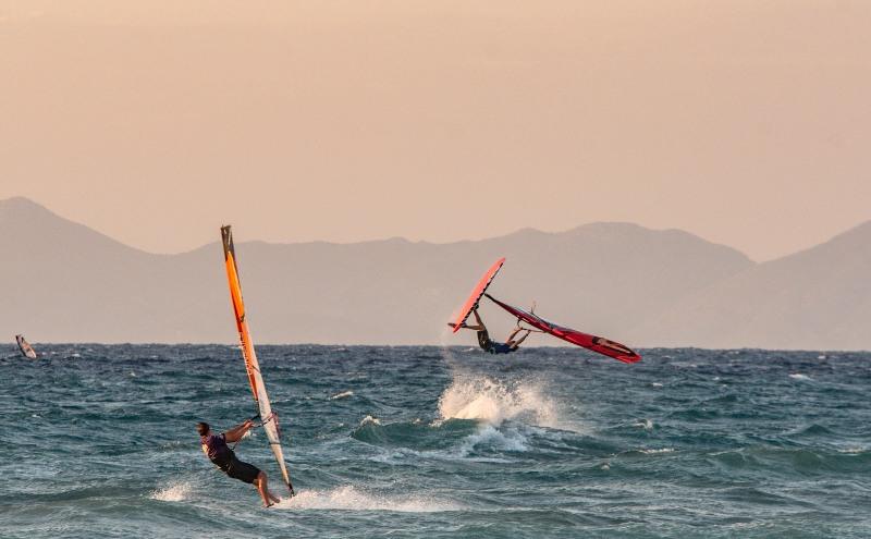 Steven van Broeckhoven (in front) in his heat against Dieter van der Eyken - 2021 EFPT Theologos, day 2 photo copyright PROtography Official taken at  and featuring the Windsurfing class