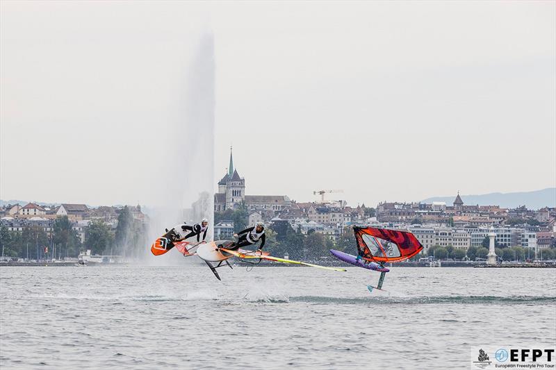 The Müller brothers and Sam Esteve enjoying the skyline of Geneva - 2021 EFPT GVA Wind Festival photo copyright John Carter taken at  and featuring the Windsurfing class