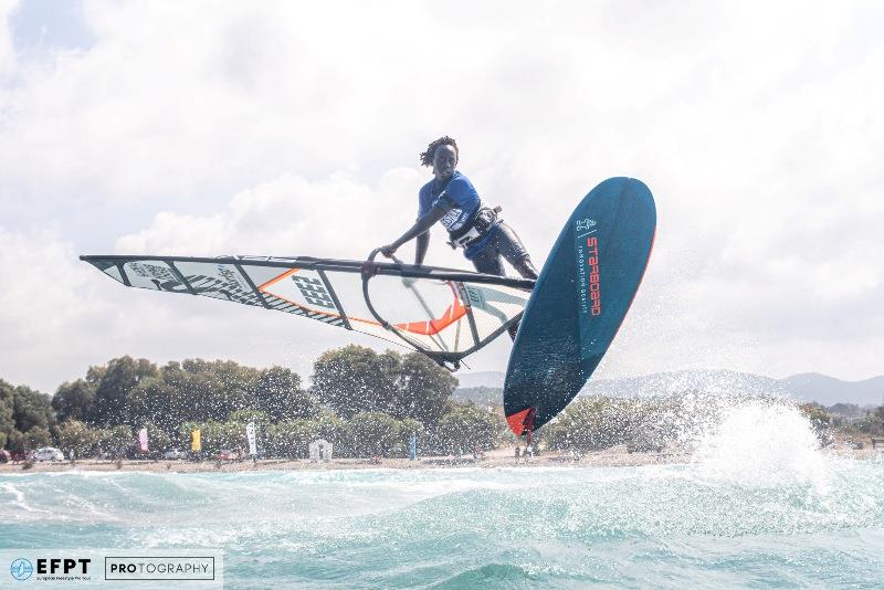 Primus Sörling impressing at the EFPT Theologos with a Shaka! photo copyright PROtography taken at  and featuring the Windsurfing class