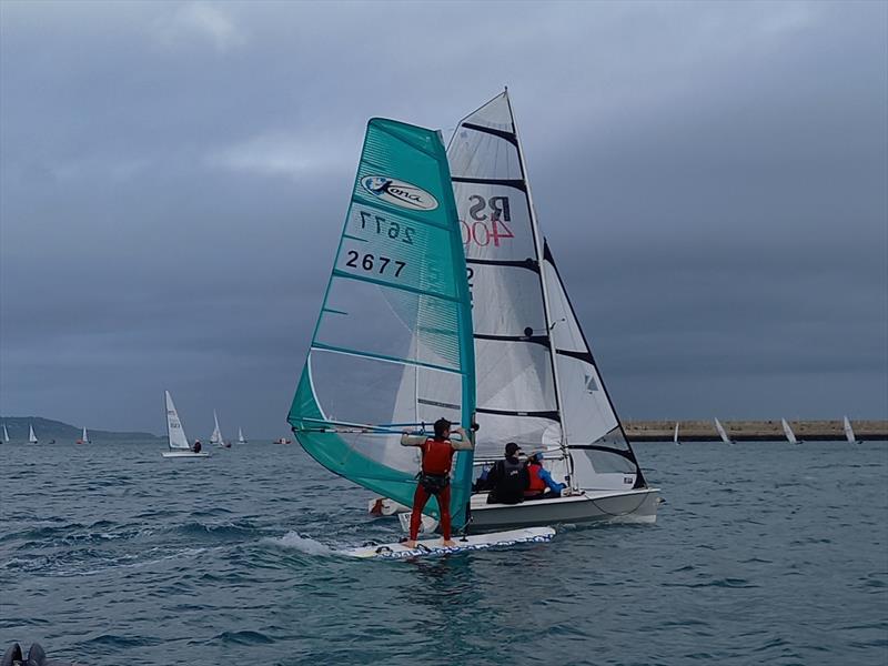 Des Gibney (Kona) and Brian O'Hare & Aisling O'Donoghue on the top reach on Dun Laoghaire Frostbite Series 2 Day 5 - photo © Ian Cutliffe