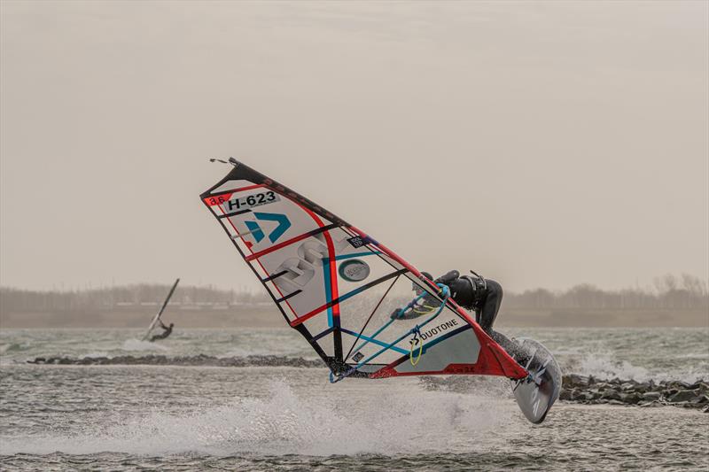 Duotone/Fanatic Young Blood Team rider Tijmen Meijer showing off with a Shove-it Spock at Brouwersdam - photo © Freestyle Pro Tour