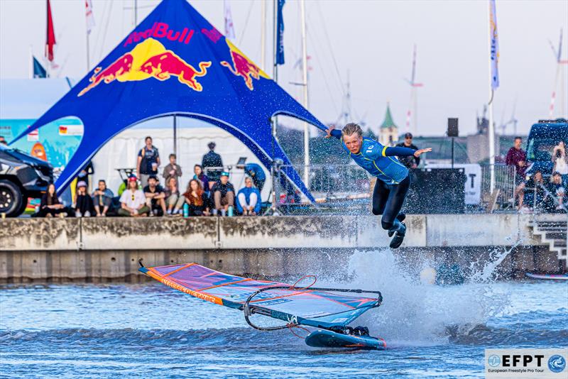 Tim Gerdes flying off into one of the most brutal crashes of the day photo copyright Emanuela Cauli taken at  and featuring the Windsurfing class