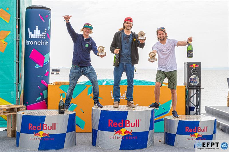 The Men's freestyle podium, from left to right - Yentel Caers, Jacopo Testa and Dieter van der Eyken - EFPT Austria 2022 - photo © Emanuela Cauli