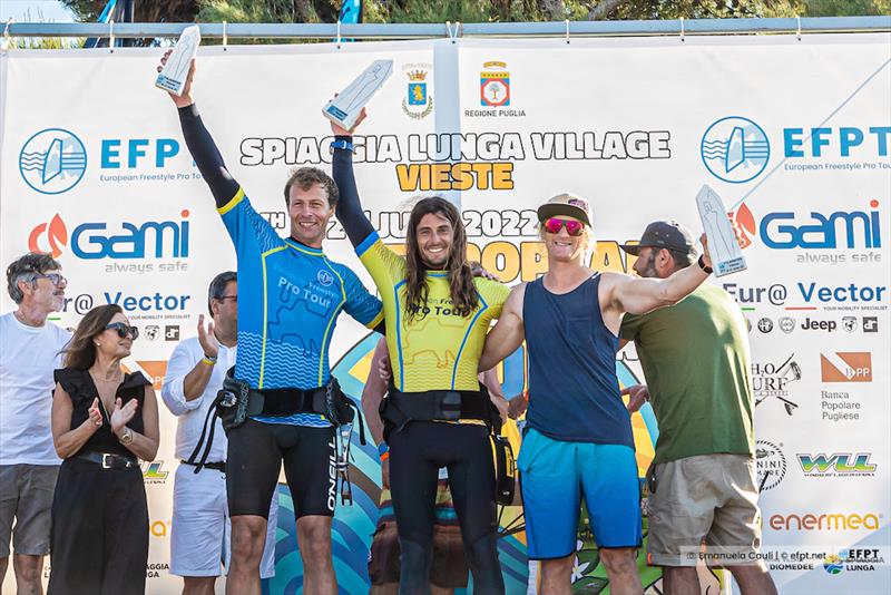 The final podium of the 2022 EFPT Vieste. In third Steven van Broeckhoven (left), second Yentel Caers (right) and in first Jacopo Testa (middle) - EFPT Spiaggia Lunga Vieste 2022 photo copyright Emanuela Cauli taken at  and featuring the Windsurfing class