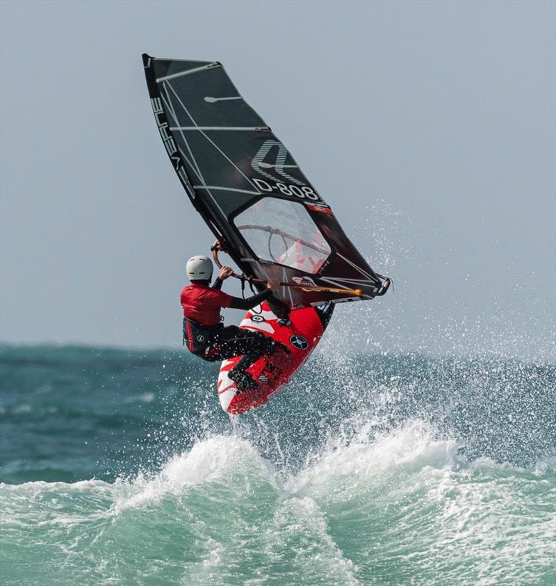 Bjorn Olesen sending it during the Juniors Freestyle competition! photo copyright Brian Engblad taken at  and featuring the Windsurfing class