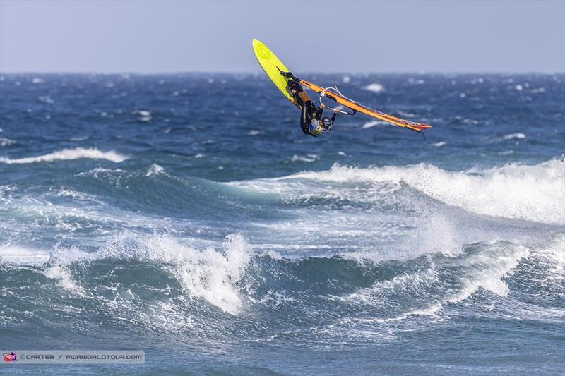 Maria Morales leaves it late to advance on day 3 of the Gran Canaria Gloria Windsurf World Cup photo copyright John Carter taken at  and featuring the Windsurfing class