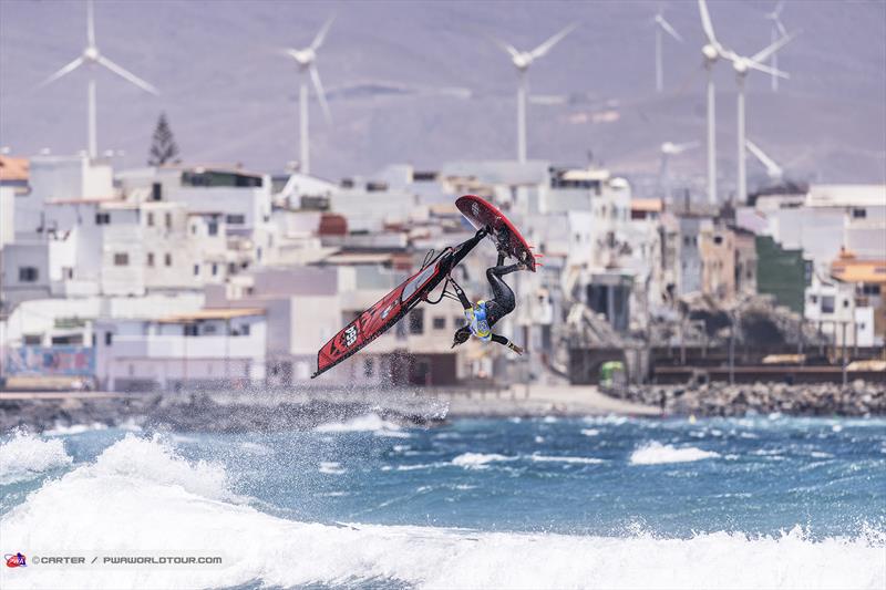 Daida Moreno with a stylish one-handed backloop on day 3 of the Gran Canaria Gloria Windsurf World Cup photo copyright John Carter taken at  and featuring the Windsurfing class