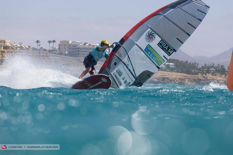 Pierre Mortefon cranks a gybe on Day 2 of the Fuerteventura PWA Grand Slam - photo © Carter / PWAWorldTour.com