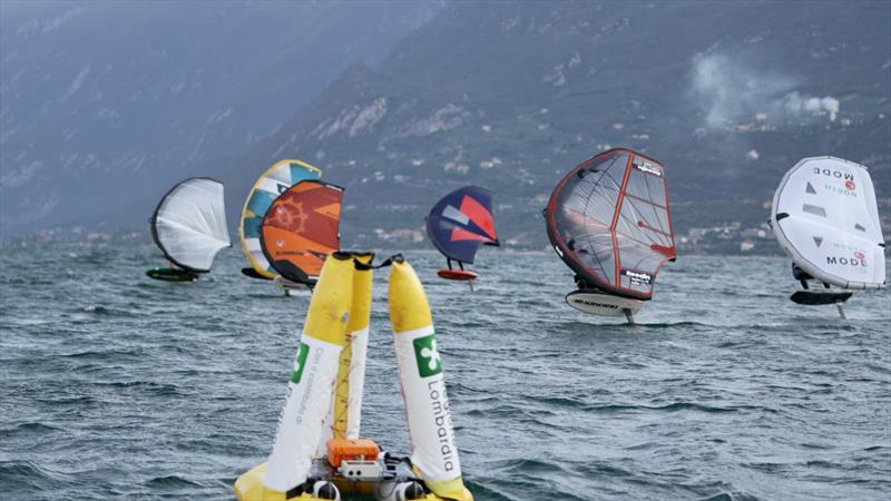 Close-quarters action all the way around the course - SabFoil 2022 WingFoil Racing World Cup & Open Europeans, Day 2 photo copyright IWSA Media / Benni Geislinger taken at Campione Univela and featuring the Wing Foil class
