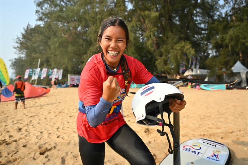 Arinya Methaaphithamakool (THA) was ecstatic to win bronze - 2023 WingFoil Racing Asian Championships photo copyright IWSA / Techawat Songsuairoop taken at  and featuring the Wing Foil class