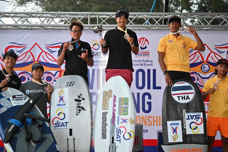 Men's podium - 2023 WingFoil Racing Asian Championships photo copyright IWSA / Techawat Songsuairoop taken at  and featuring the Wing Foil class