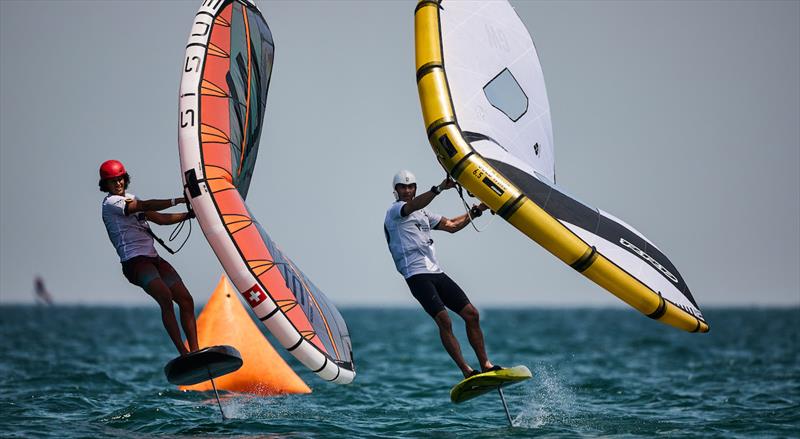 Alessandro Tomasi (left) scored three bullets in the afternoon - Ad Ports Group Wingfoil Racing World Cup Abu Dhabi, Day 2 photo copyright IWSA / Robert Hajduk taken at  and featuring the Wing Foil class