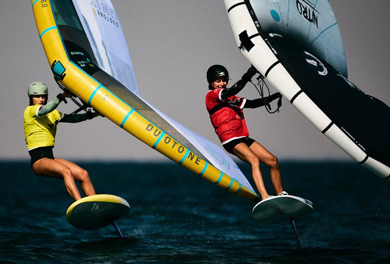 Orane Ceris (right) staying ahead of her friend Paula Novotna - Ad Ports Group Wingfoil Racing World Cup Abu Dhabi - photo © IWSA / Robert Hajduk