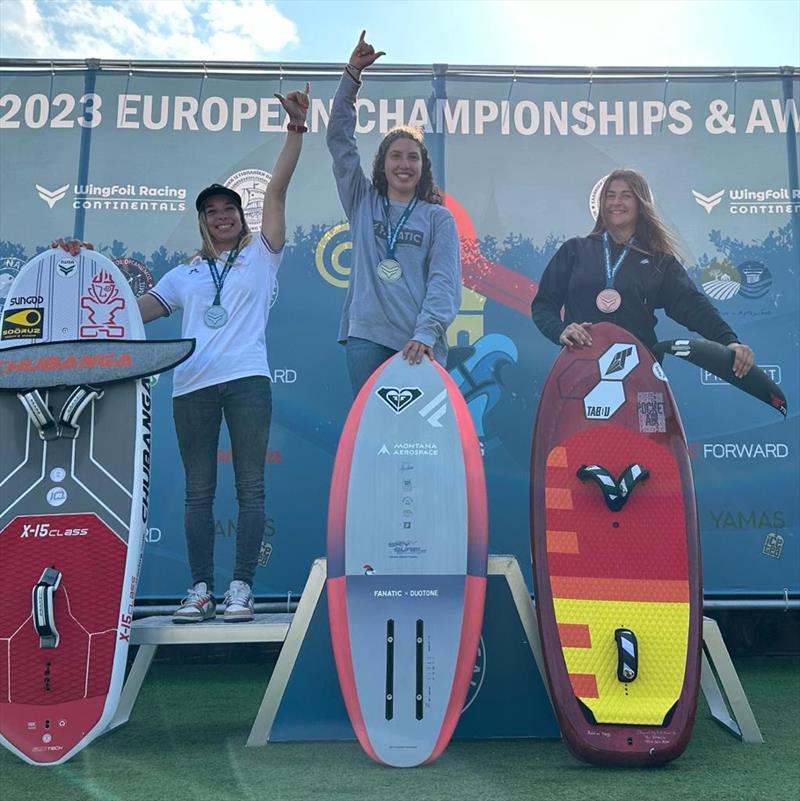 Women's podium - IWSA WingFoil Racing Europeans 2023 photo copyright IWSA / Lina Gvazdauskaite taken at  and featuring the Wing Foil class