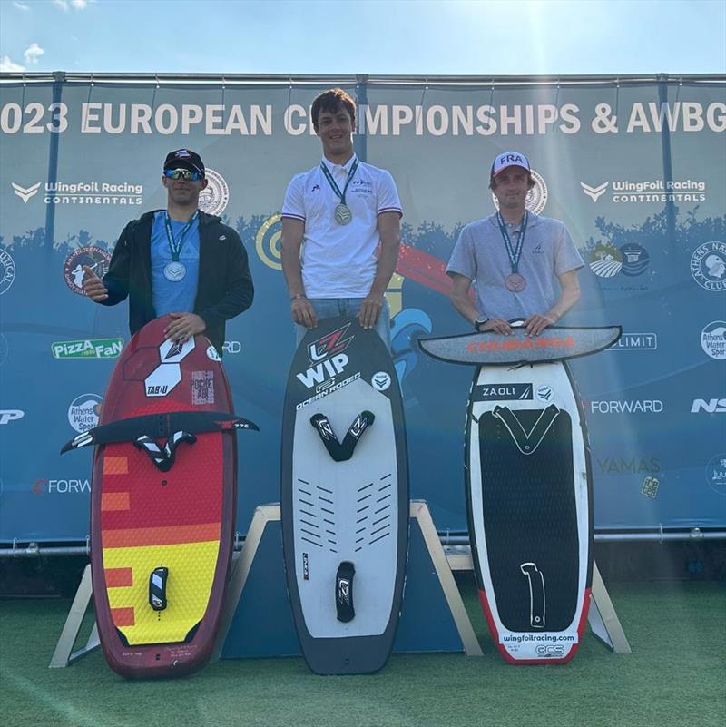 Men's podium - IWSA WingFoil Racing Europeans 2023 photo copyright IWSA / Lina Gvazdauskaite taken at  and featuring the Wing Foil class