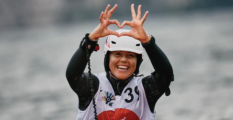 Montse Sole showing the love for winging - 2023 Pascucci WingFoil Racing World Cup Campione del Garda, Day 3 - photo © IWSA media / Robert Hajduk