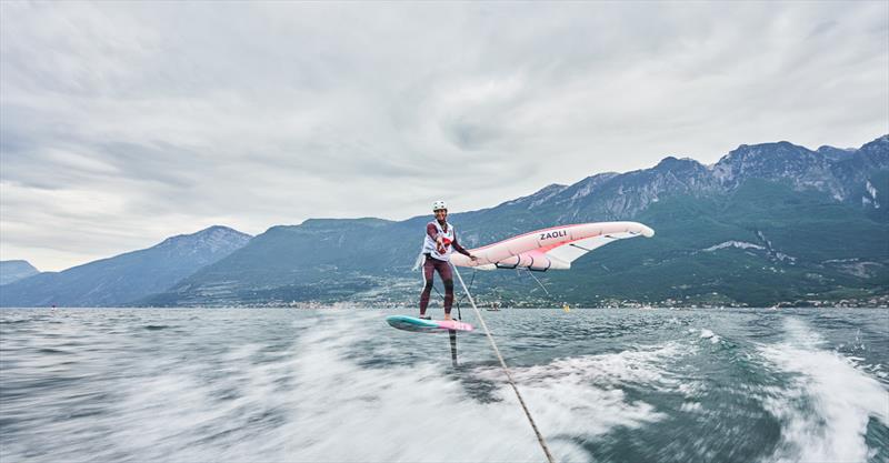 The fast tow back to shore - 2023 Pascucci WingFoil Racing World Cup Campione del Garda, Day 3 photo copyright IWSA media / Robert Hajduk taken at Campione Univela and featuring the Wing Foil class