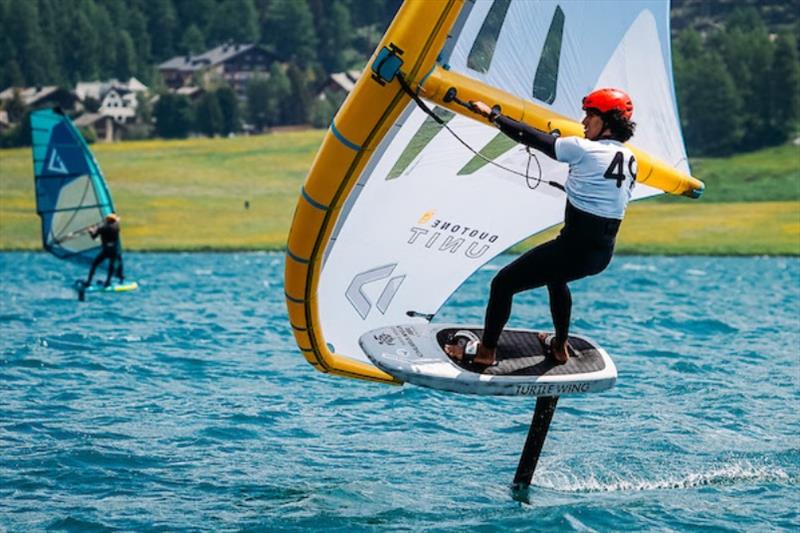 Alessandro Tomasi in winning form on the opening day - 2023 WingFoil Racing World Cup Ensis Engadinwing by Dakine - Day 1 photo copyright IWSA media / Sailing Energy taken at  and featuring the Wing Foil class