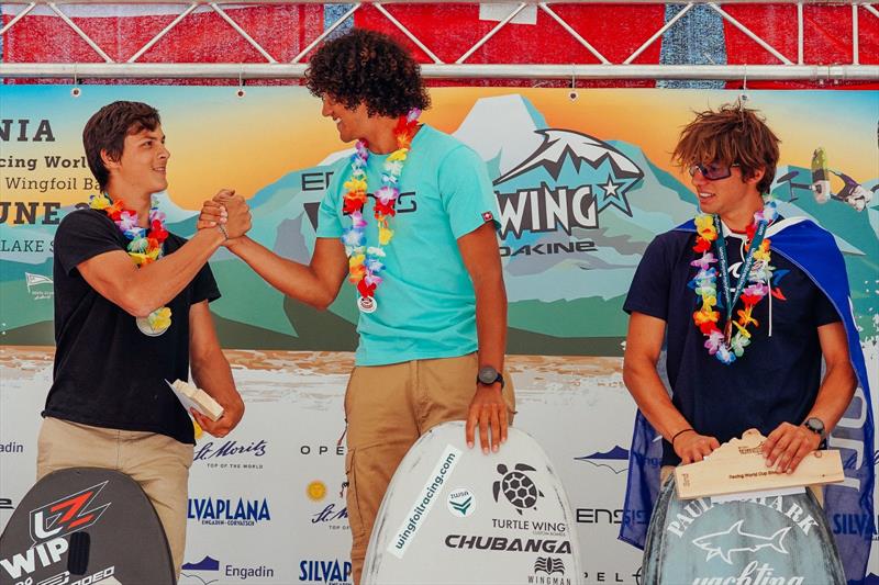 Alessandro Tomasi (centre) congratulated by Mathis Ghio (left) - 2023 WingFoil Racing World Cup Ensis Engadinwing by Dakine - photo © IWSA media / Sailing Energy
