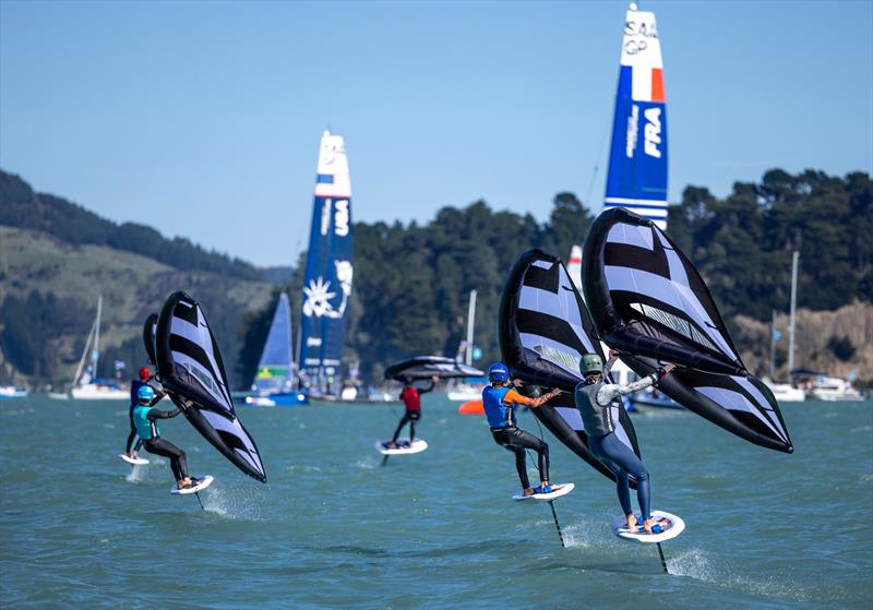 Young sailors take part in the Inspire Racing x Wing program on Race Day 2 of the ITM New Zealand Sail Grand Prix in Christchurch, New Zealand. Sunday March 19, 2023 photo copyright Felix Diemer/SailGP taken at Naval Point Club Lyttelton and featuring the Wing Foil class