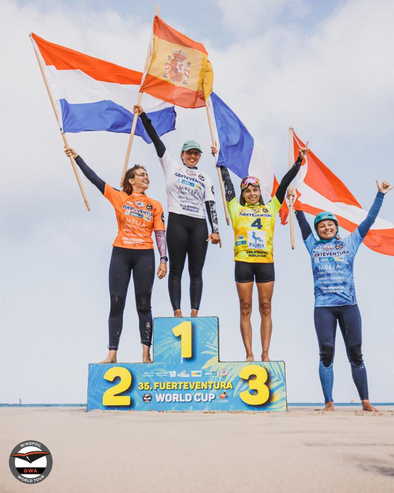 Bowien van der Linden (NED), Nia Suardiaz (ESP), Orane Ceris (FRA), Viola Lippitsch (AUT) - 2023 GWA Wingfoil World Cup Fuerteventura photo copyright Lukas K Stiller taken at  and featuring the Wing Foil class