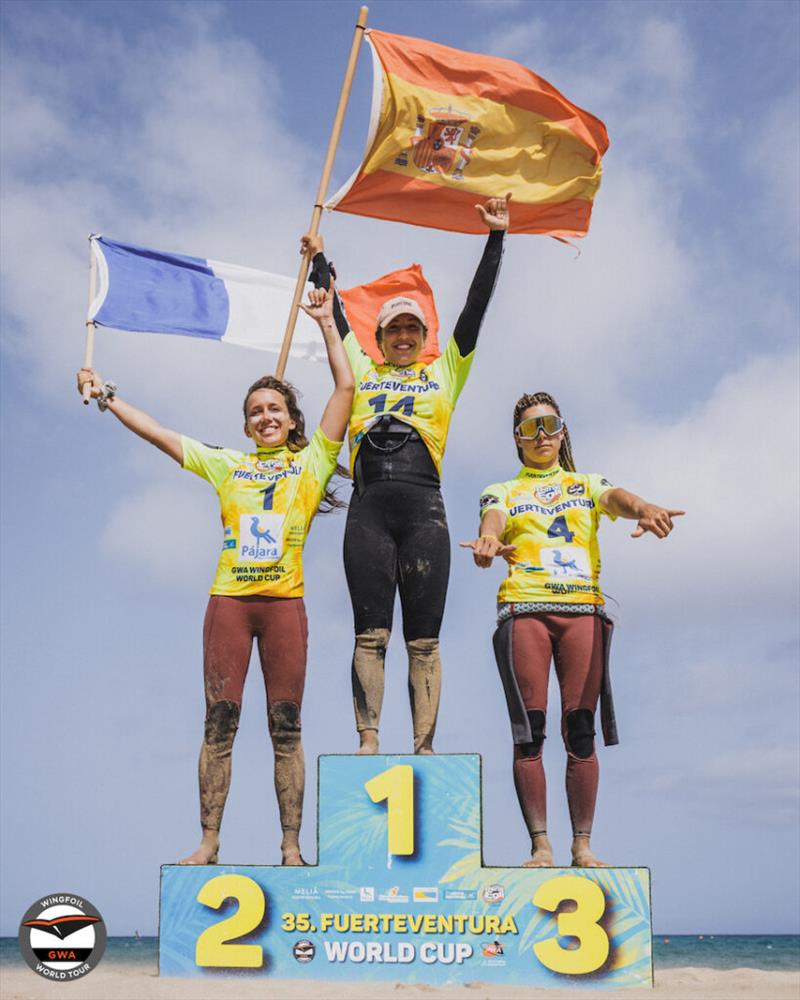Flora Artzner (FRA), Nia Suardiaz (ESP) and Orane Ceris (FRA) - 2023 GWA Wingfoil World Cup Fuerteventura, Day 4 - photo © Lukas K Stiller