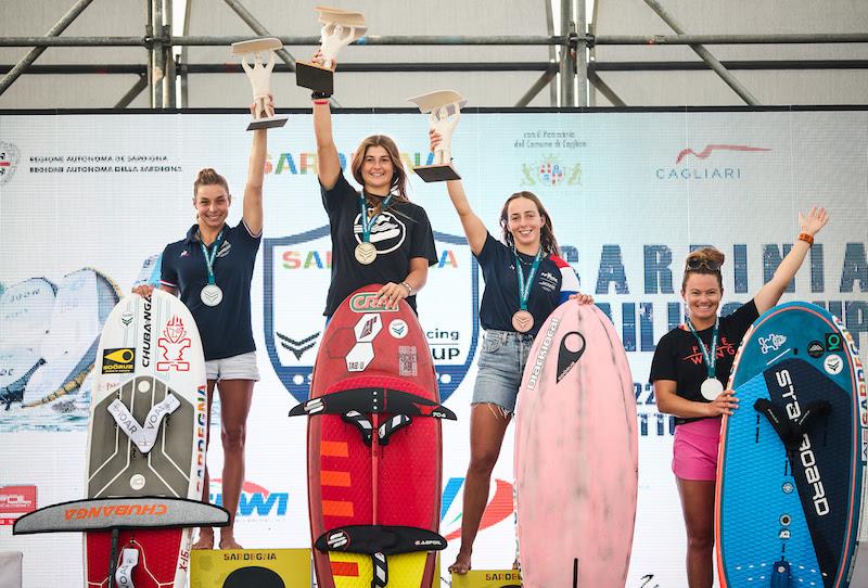 Women's medallists Ceris, Spanu, Pianazza, and Wylde in 4th - 2023 WingFoil Racing World Cup - photo © IWSA media / Robert Hajduk