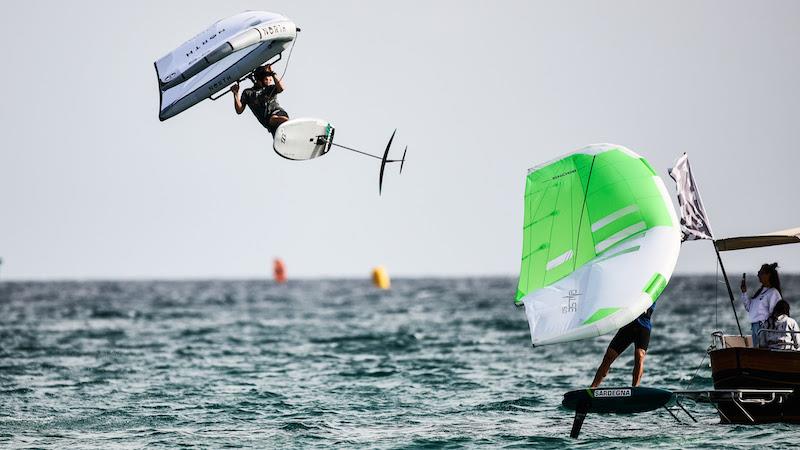 Ernesto de Amicis leaps for joy while Julien Ratotti takes silver - 2023 WingFoil Racing World Cup photo copyright IWSA media / Robert Hajduk taken at  and featuring the Wing Foil class