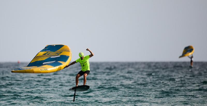 Mathis Ghio enjoys that winning feeling again - 2023 WingFoil Racing World Cup photo copyright IWSA media / Robert Hajduk taken at  and featuring the Wing Foil class